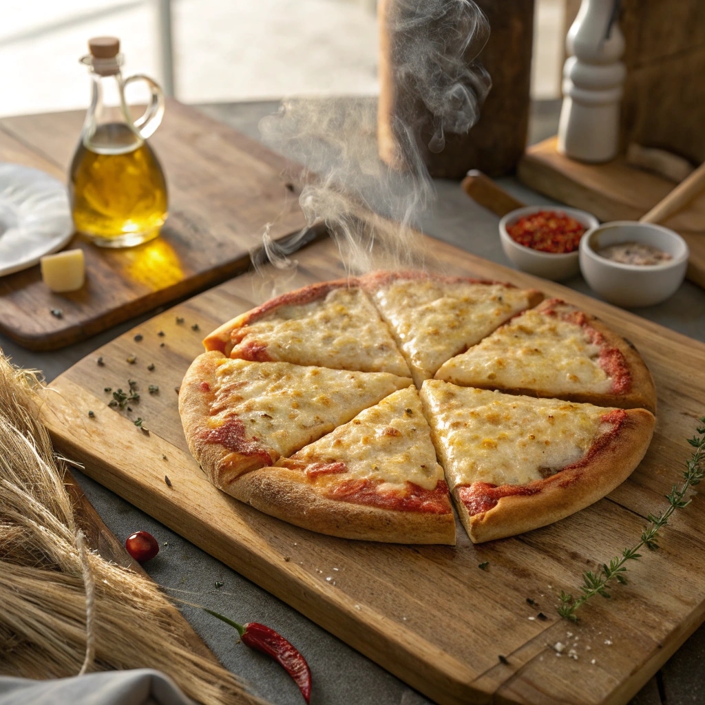 Air Fry Totinos Pizza on wooden board with crispy crust