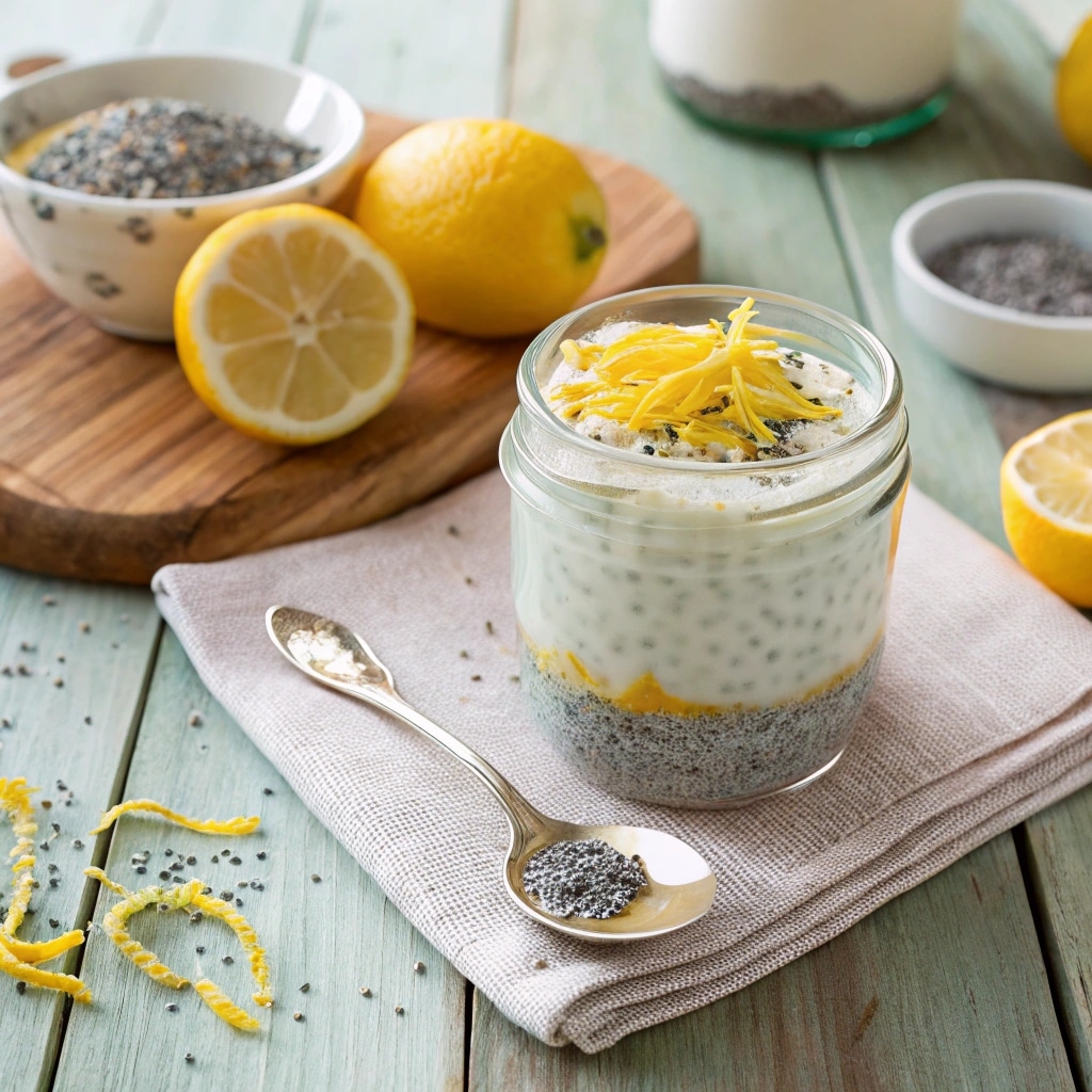 lemon chia pudding with yogurt in jar