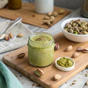 Homemade pistachio butter in a jar