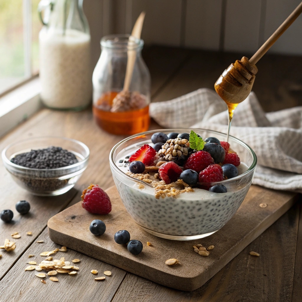 Chia seeds in yogurt with berries and honey
