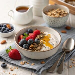 Served chia seeds in yogurt bowl