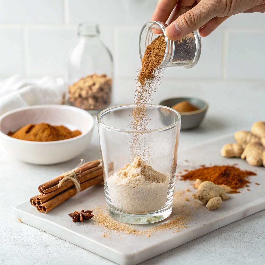 adding powdered ginger and cinnamon to a glass rea