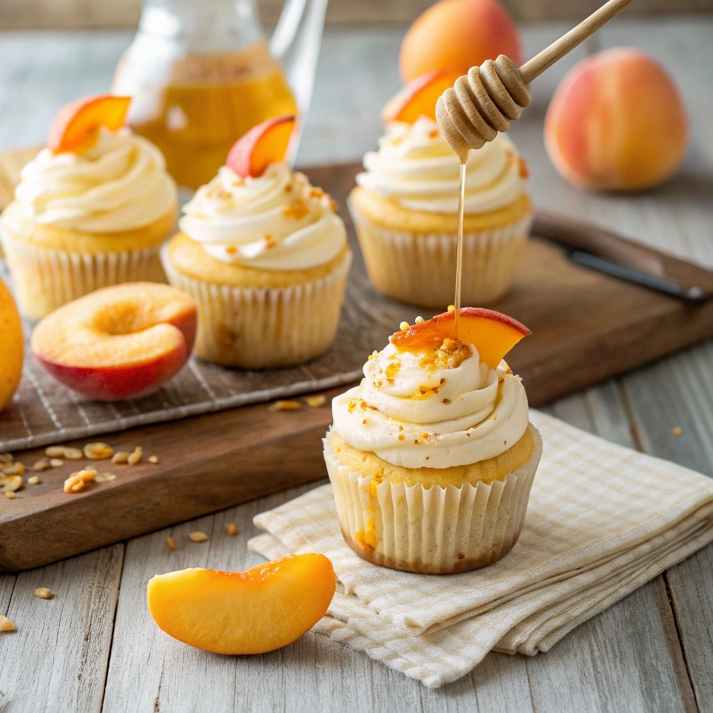 Honey peach cream cheese cupcakes on rustic table