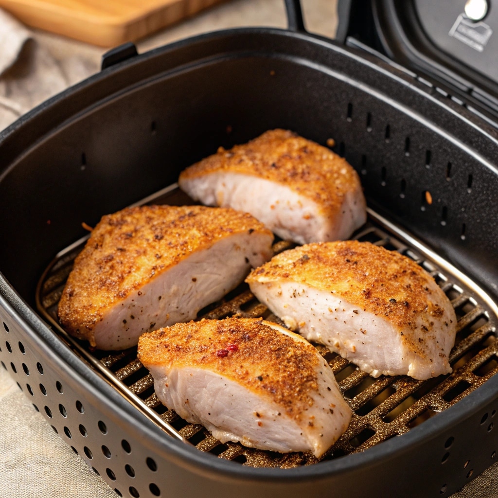 Chicken breasts cooking in air fryer for Texas Roadhouse smothered chicken