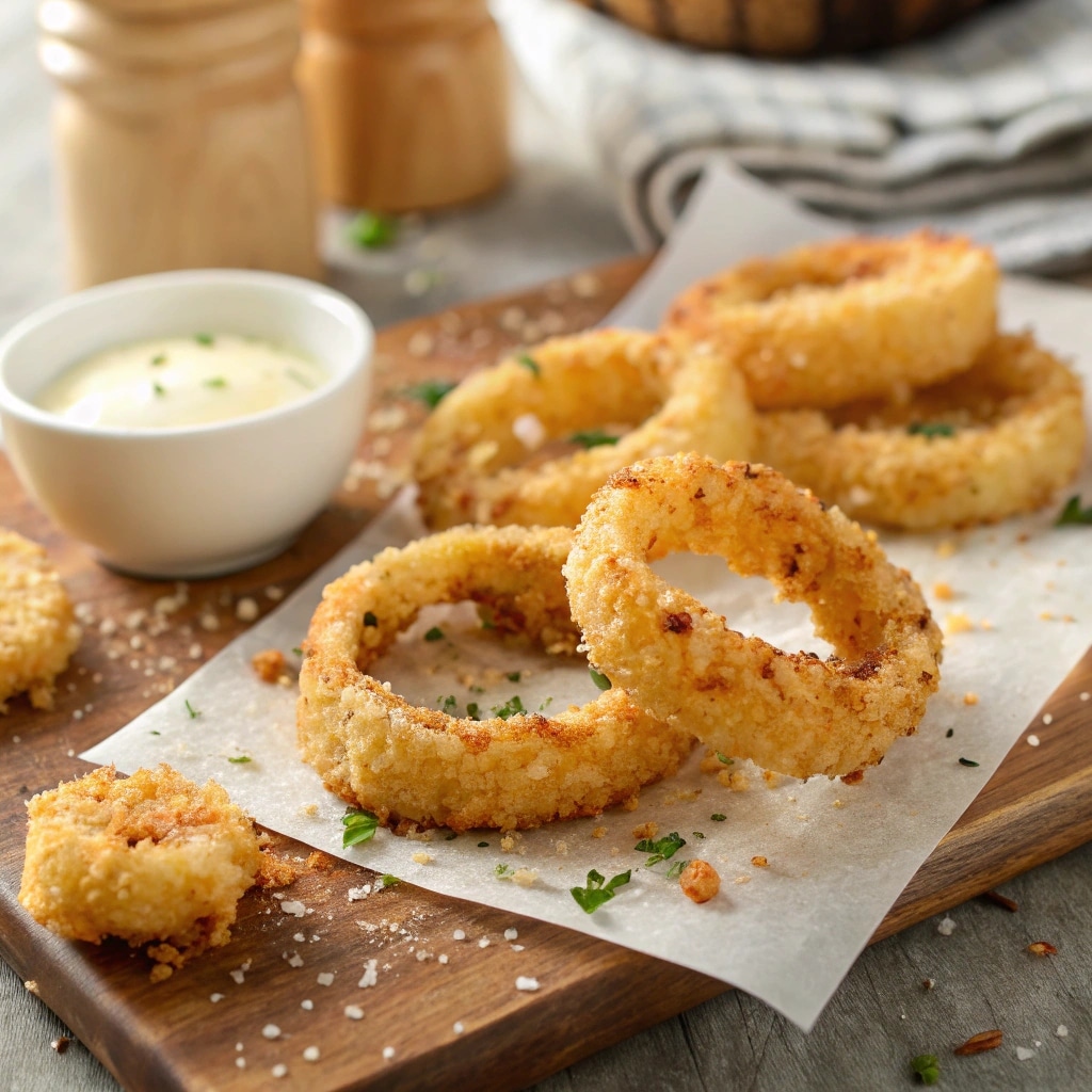 Keto parmesan onion rings on a tray