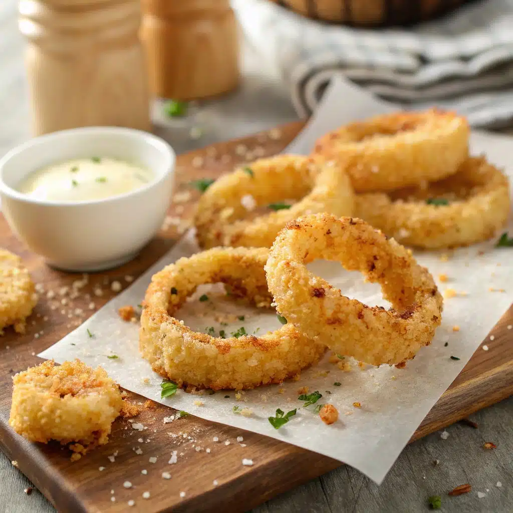 Keto parmesan onion rings on a tray
