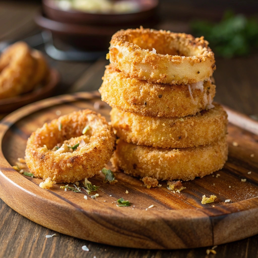 Crispy parmesan crusted onion rings on rustic plate