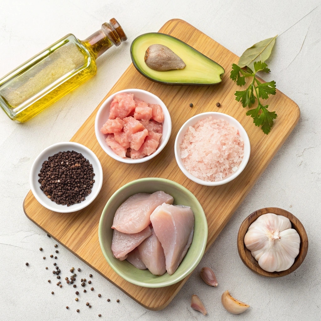 pink salt chicken ingredients flat lay