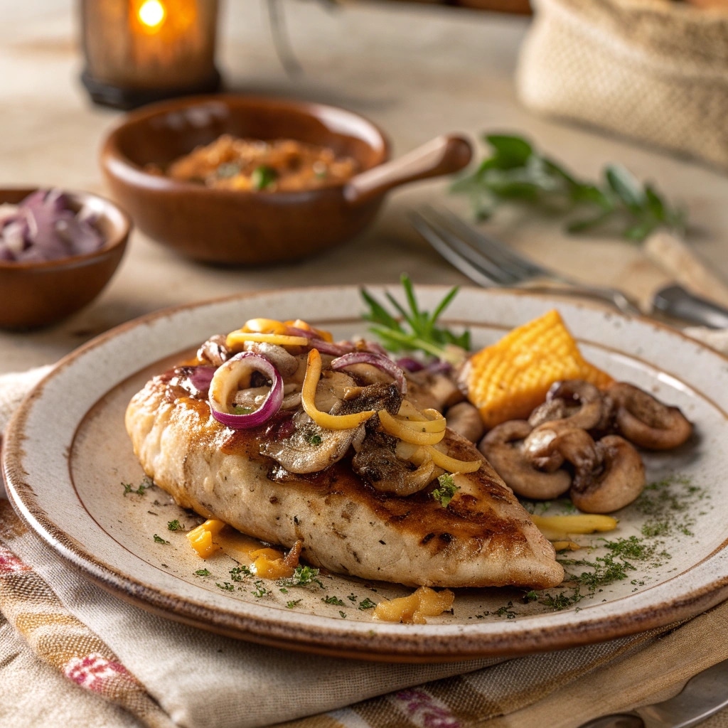 Texas Roadhouse smothered chicken served on a rustic plate
