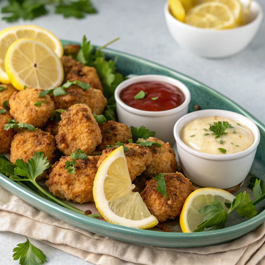 serving air fryer lemon chicken bites on platter
