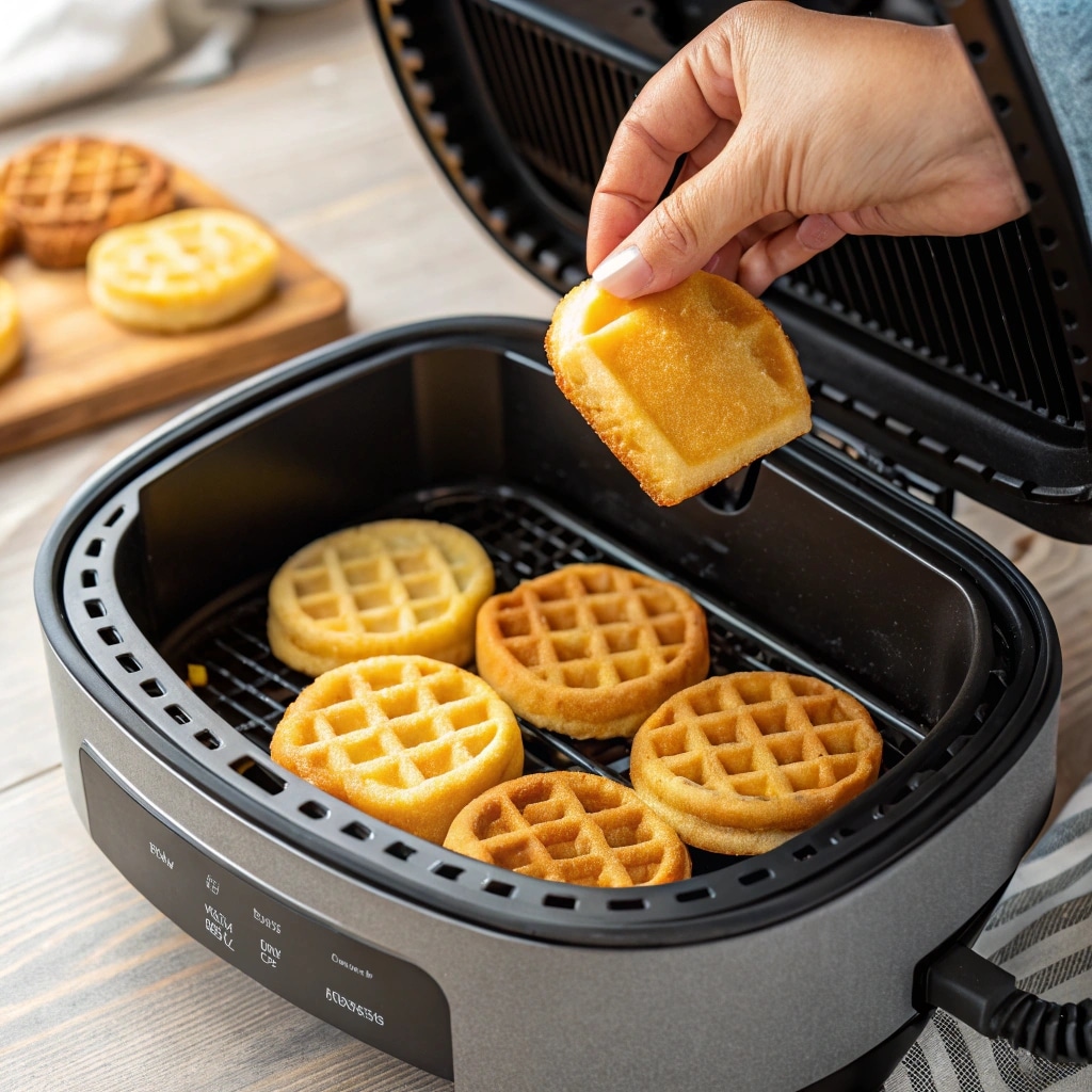 frozen Eggo waffles and air fryer setup