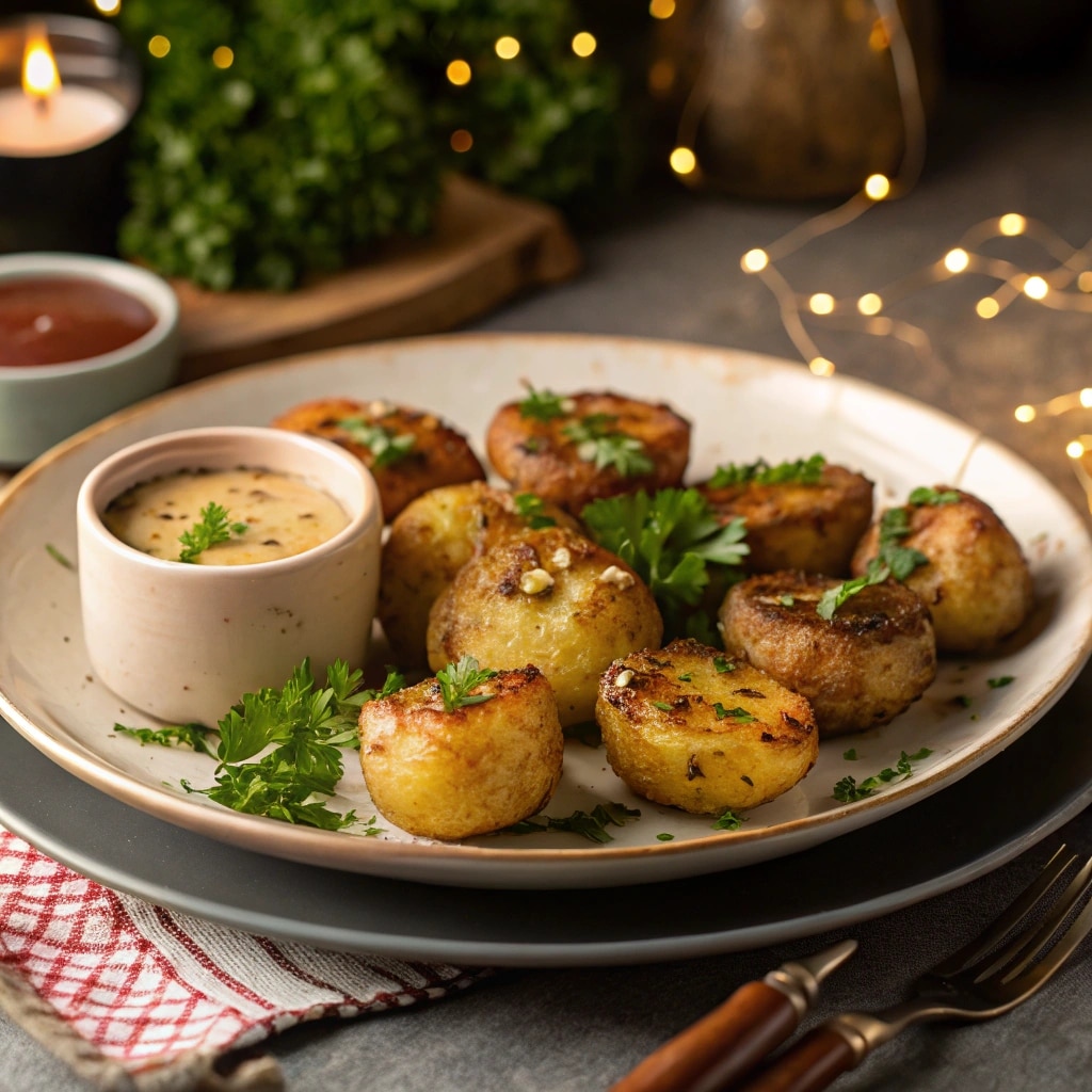 serving plate of crispy air fryer smashed potatoes