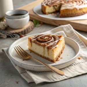slice of cinnamon roll honeybun cheesecake with glaze