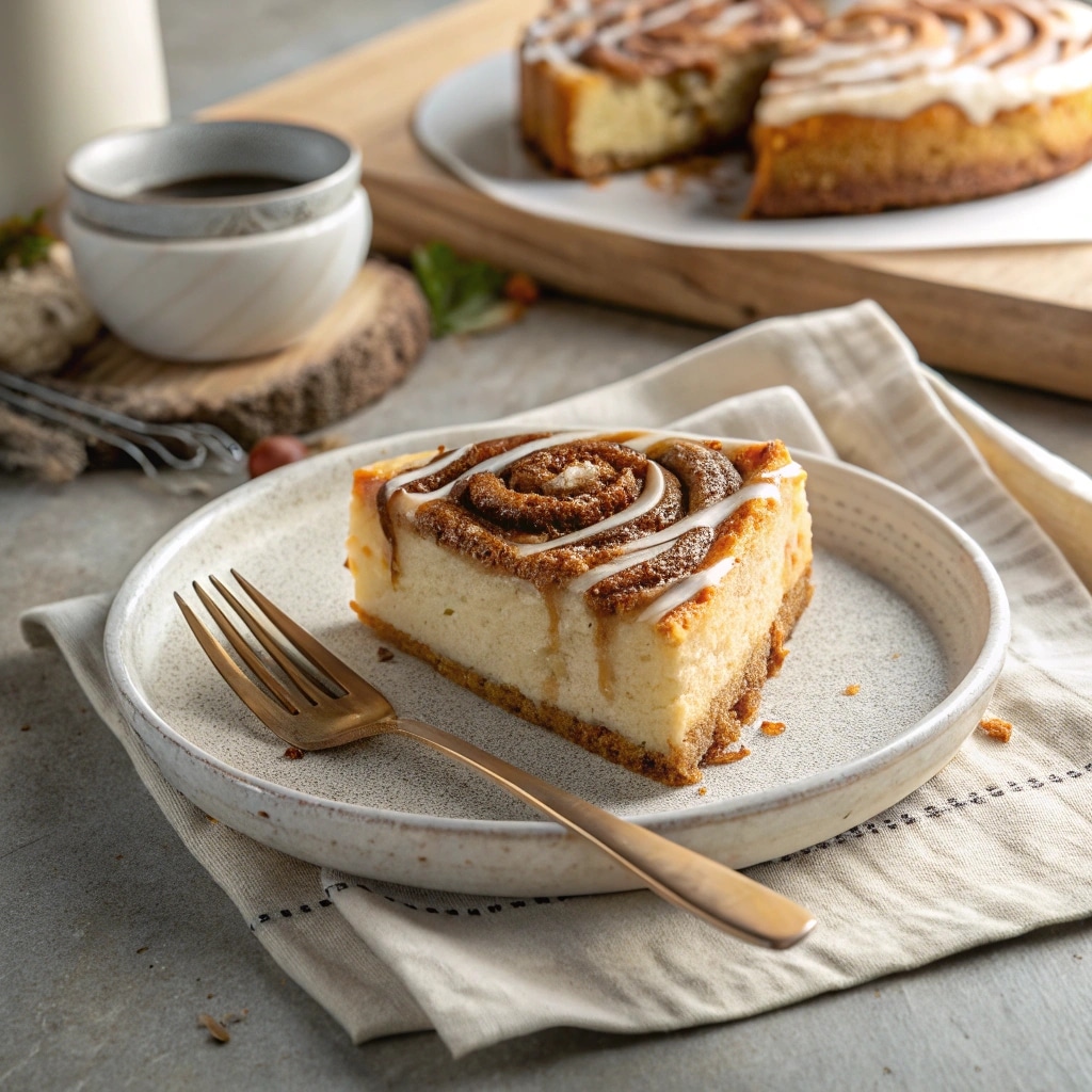 slice of cinnamon roll honeybun cheesecake with glaze