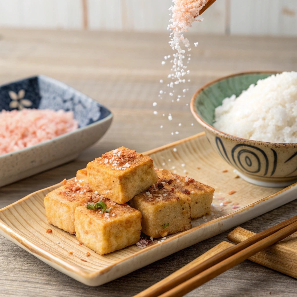 Serving Japanese pink salt on tofu bowl