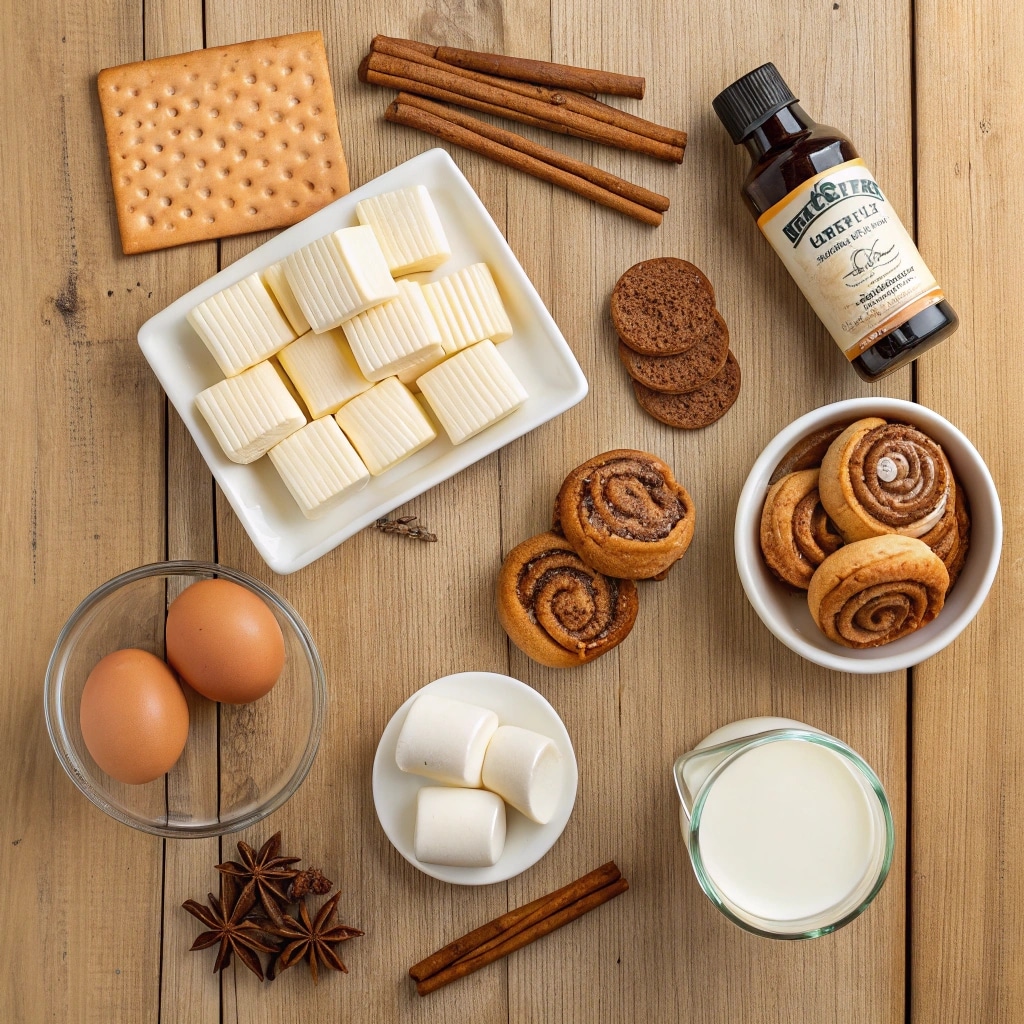 cinnamon roll honeybun cheesecake ingredients layout