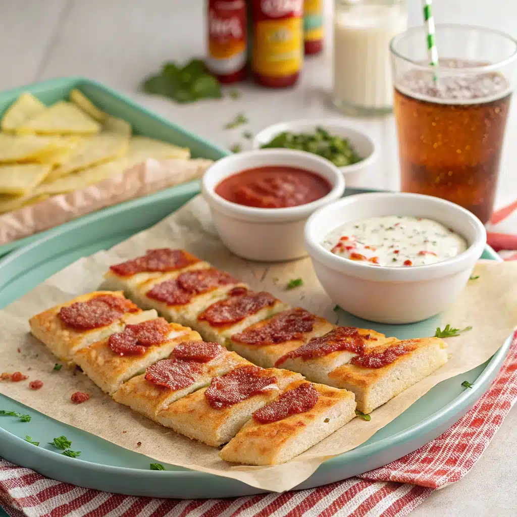 Sliced air fried Totinos pizza served with dips