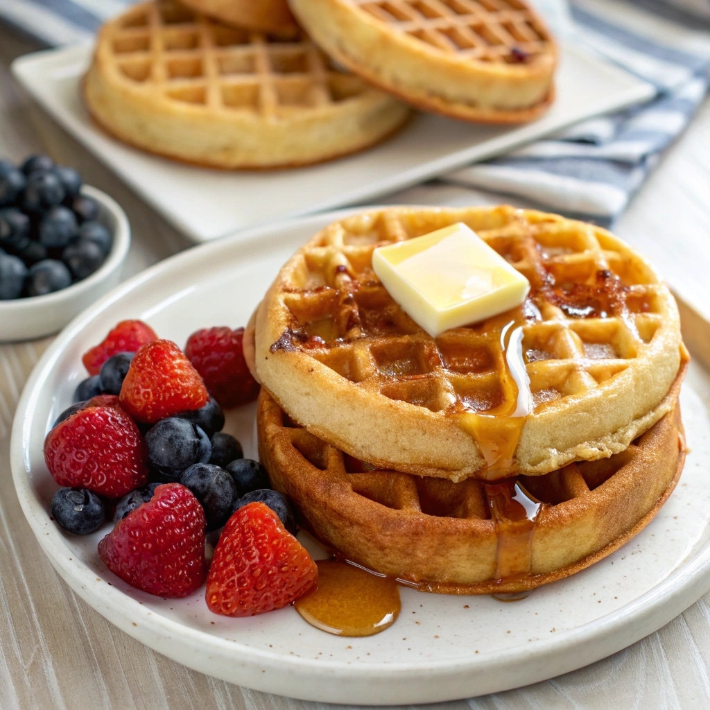 crispy Eggo waffles served with syrup and berries