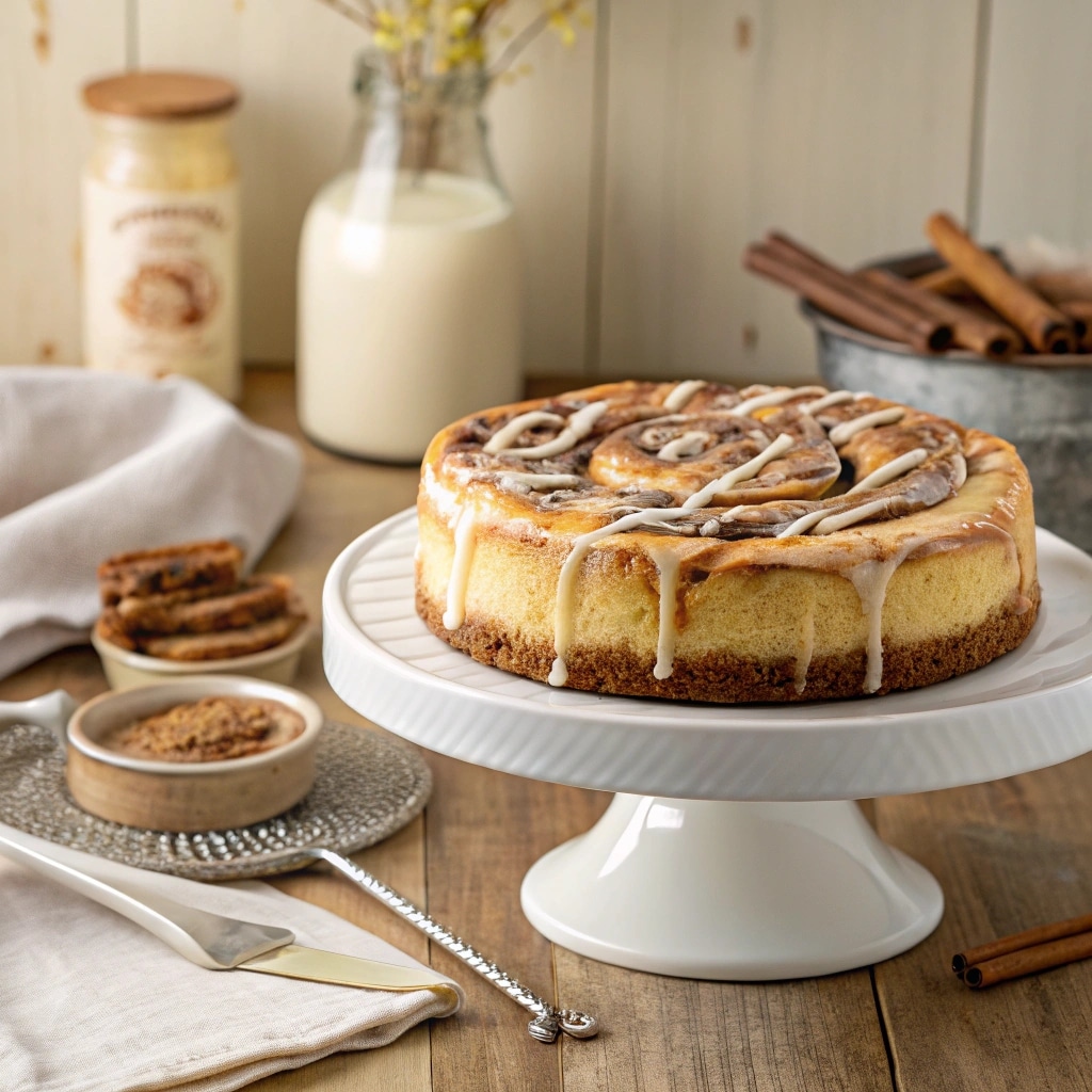 cinnamon roll honeybun cheesecake on white stand