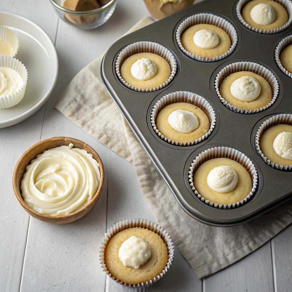 Honey peach cupcake batter with cream cheese filling