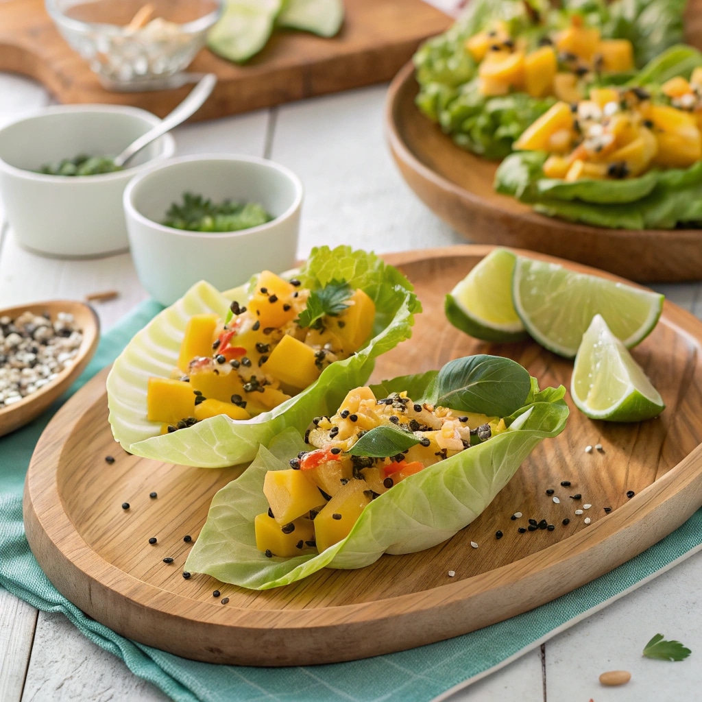 served mango salad in lettuce cups for summer meal