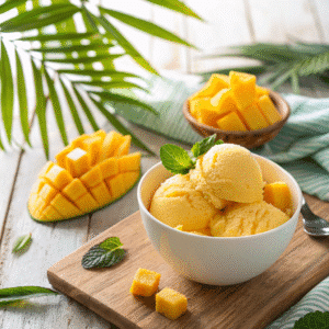 homemade mango ice cream recipe in bowl with fresh mango chunks