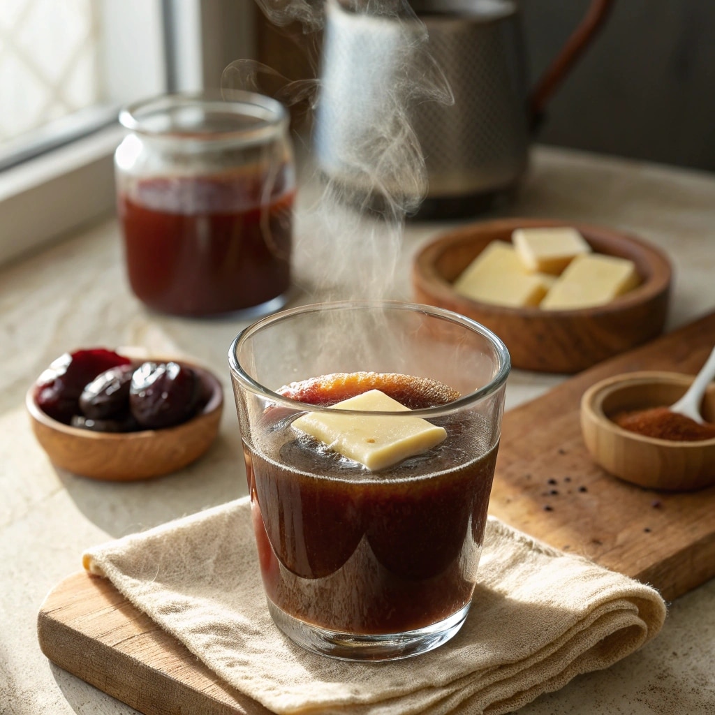 Warm glass of prune juice and butter for constipation relief