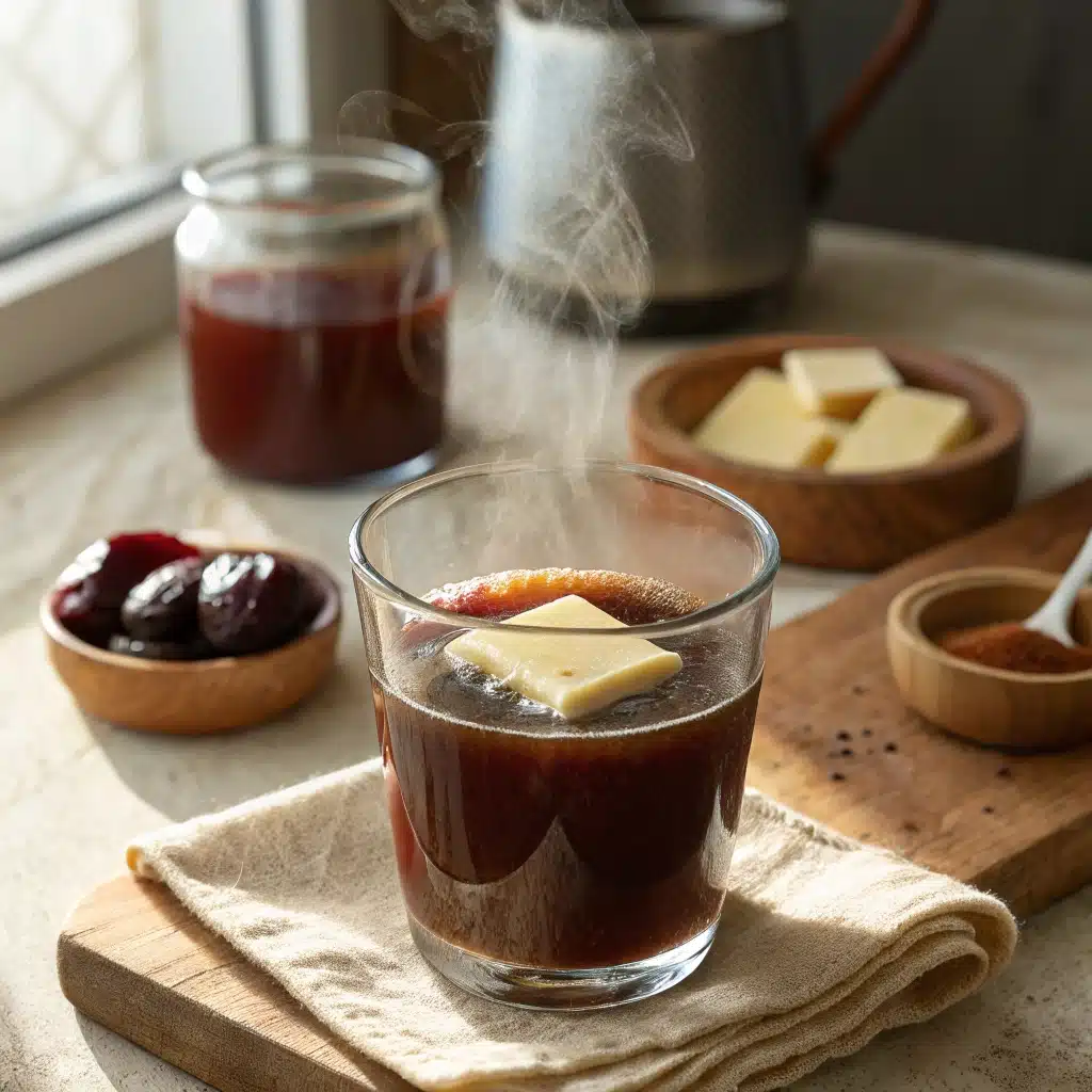 Warm glass of prune juice and butter for constipation relief