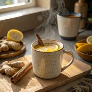 steaming turmeric ginger tea with lemon and cinnamon