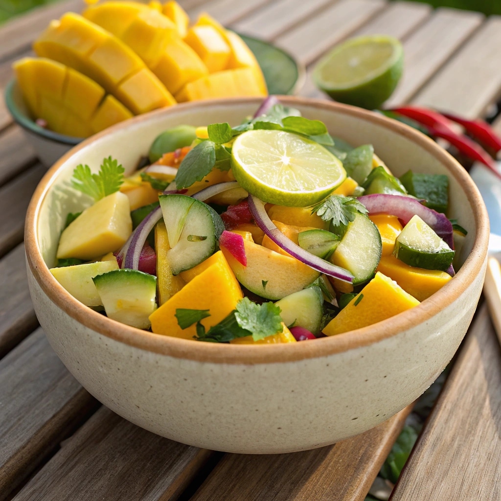 colorful mango salad recipe with fresh herbs and citrus
