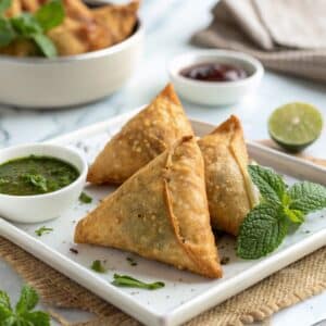 crispy air fryer samosa with chutney on white plate