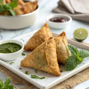 crispy air fryer samosa with chutney on white plate