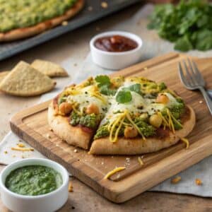Close-up of crispy Samosa Pizza Chaat with chutneys and sev