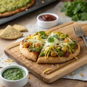 Close-up of crispy Samosa Pizza Chaat with chutneys and sev