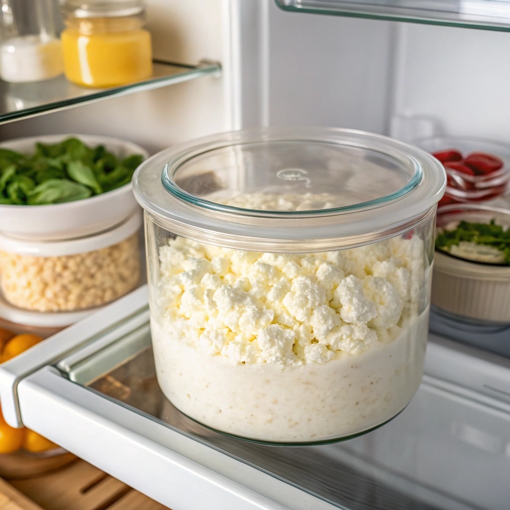 Homemade cottage cheese stored in an airtight container