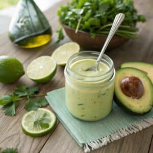 creamy avocado salad dressing in a glass jar with fresh limes
