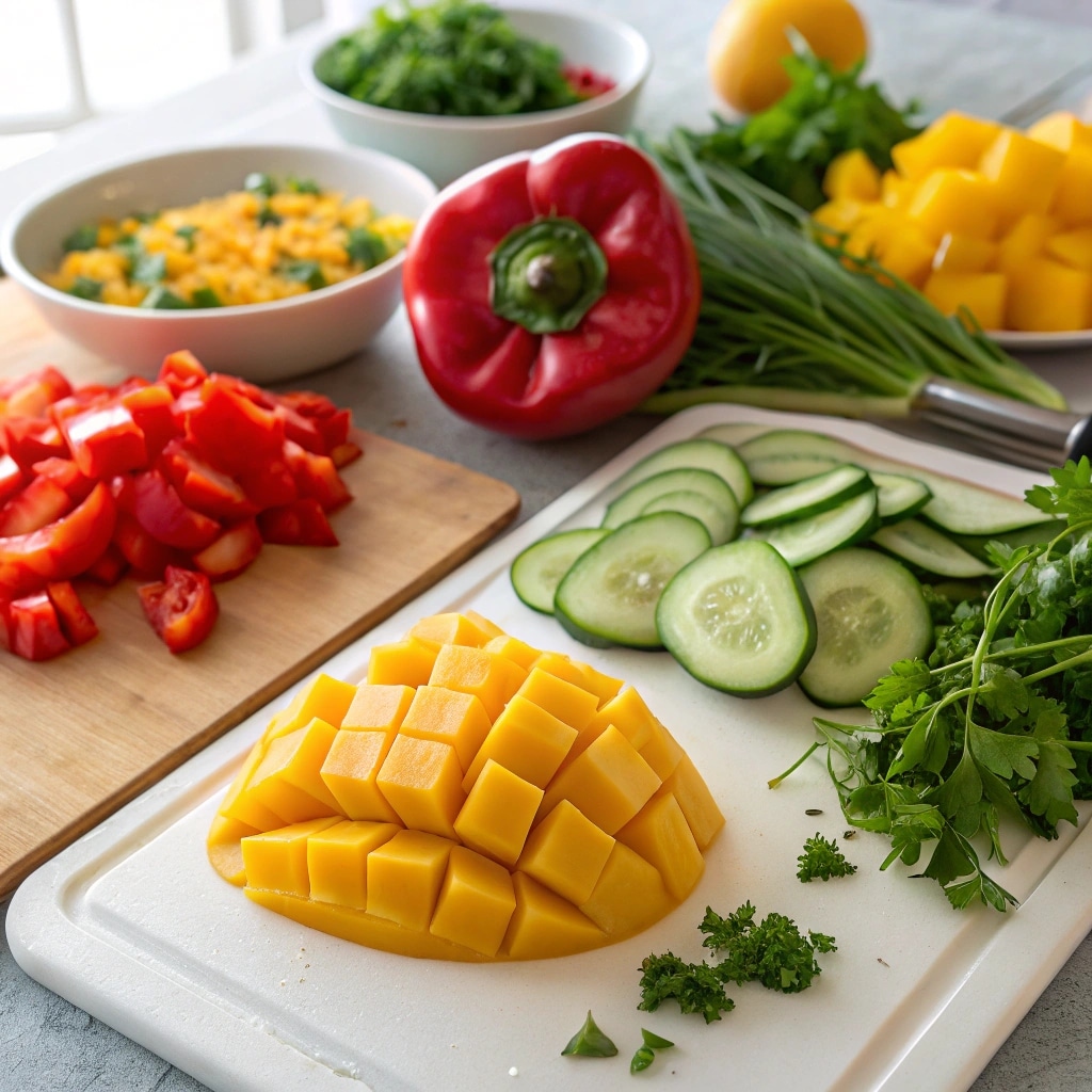 diced mango salad ingredients on chopping board