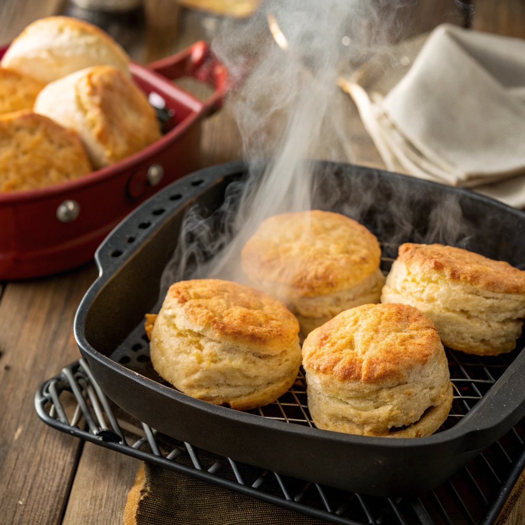 golden frozen biscuits in air fryer basket cooked to perfection