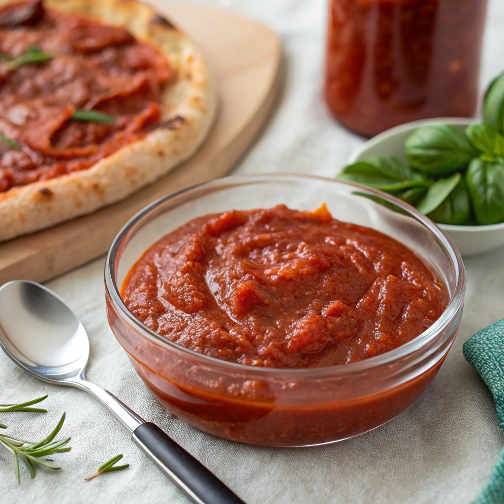 Pizza sauce from tomato paste in bowl