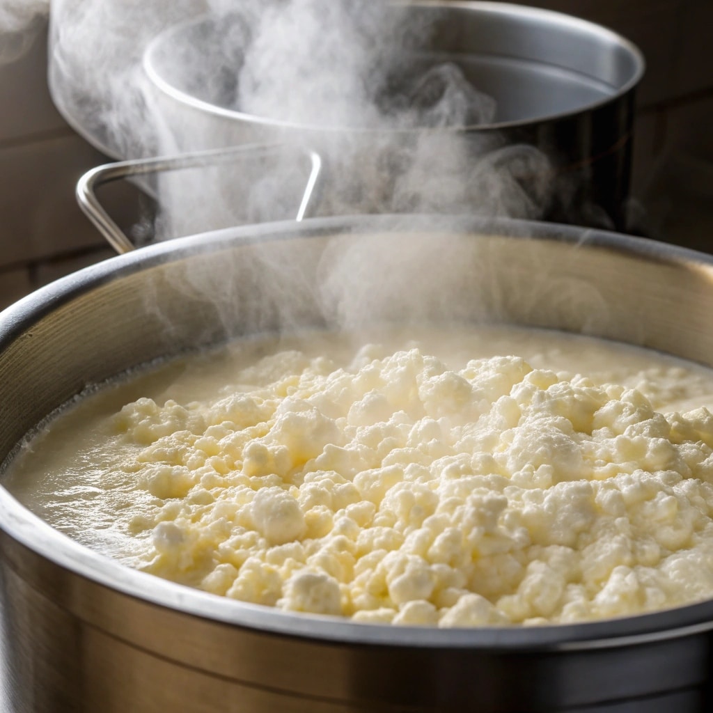 Curds forming while making homemade cottage cheese from raw milk