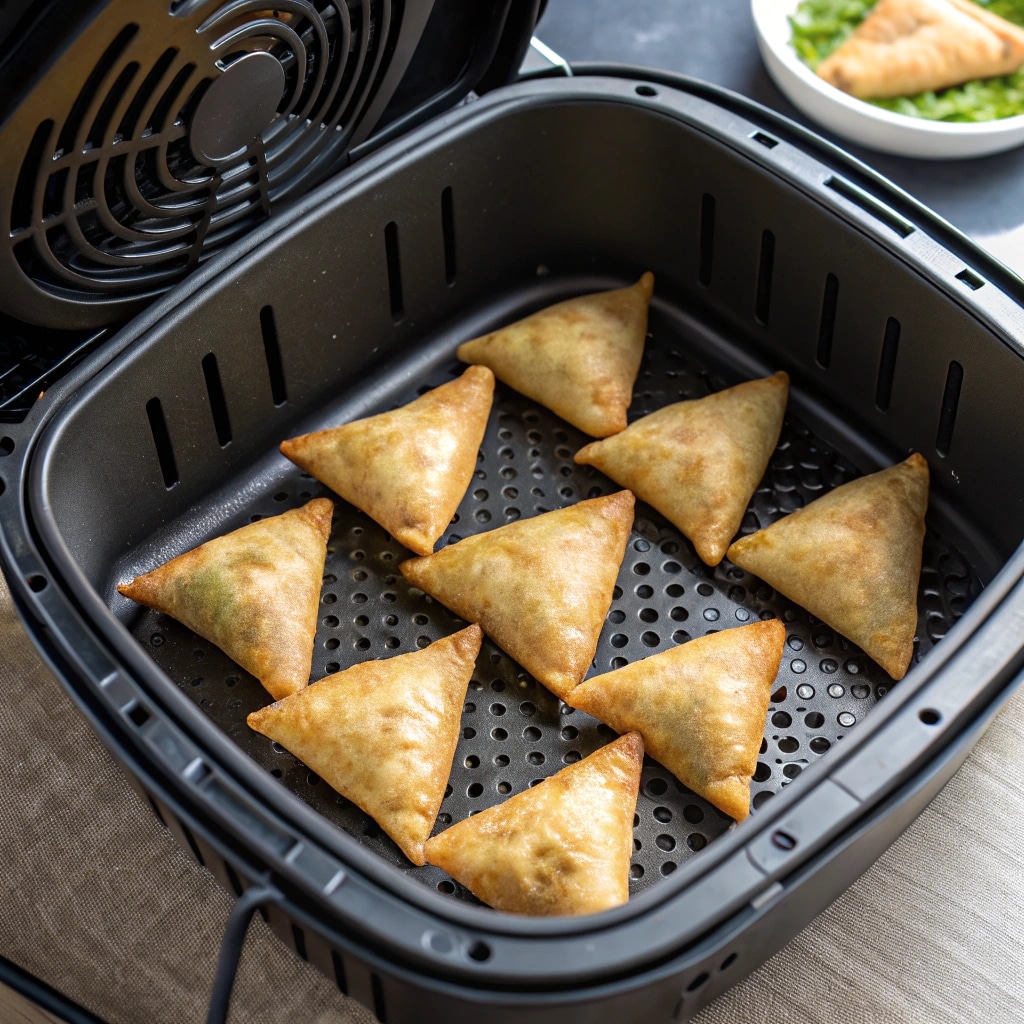 frozen air fryer samosas in basket before cooking