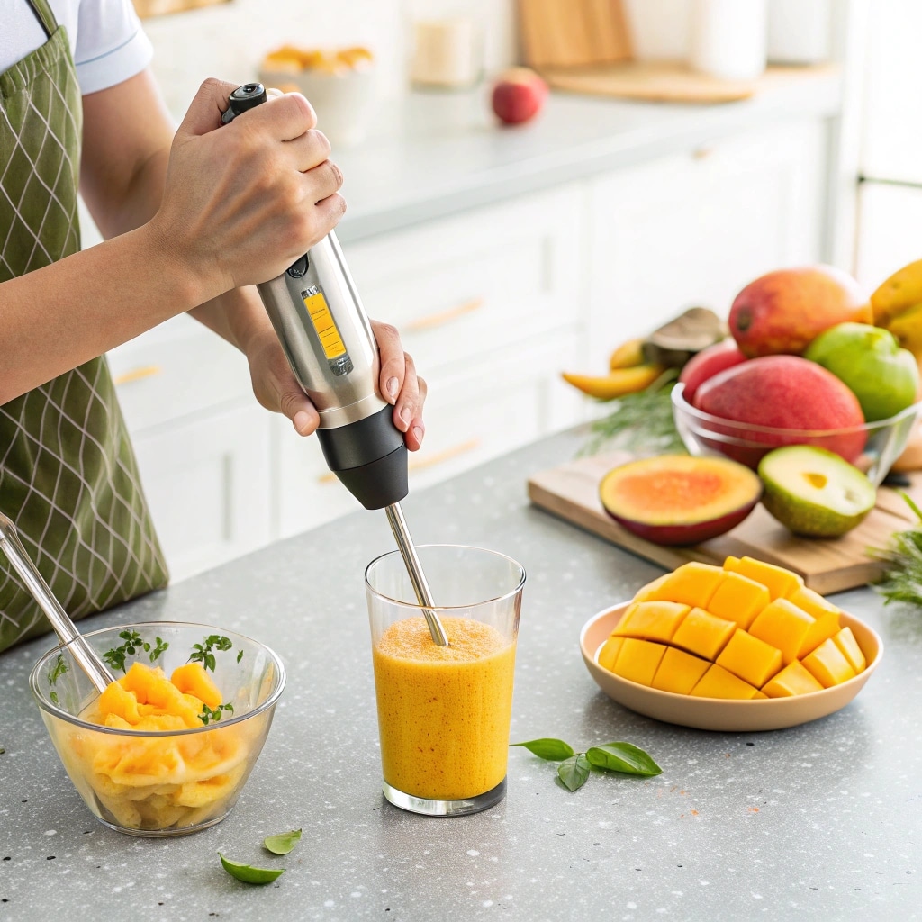 blending fresh mangoes into mango puree for ice cream recipe