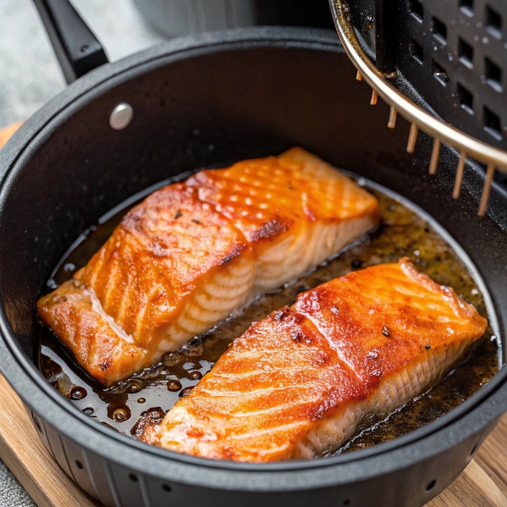 Air fryer cooking pomegranate-glazed salmon