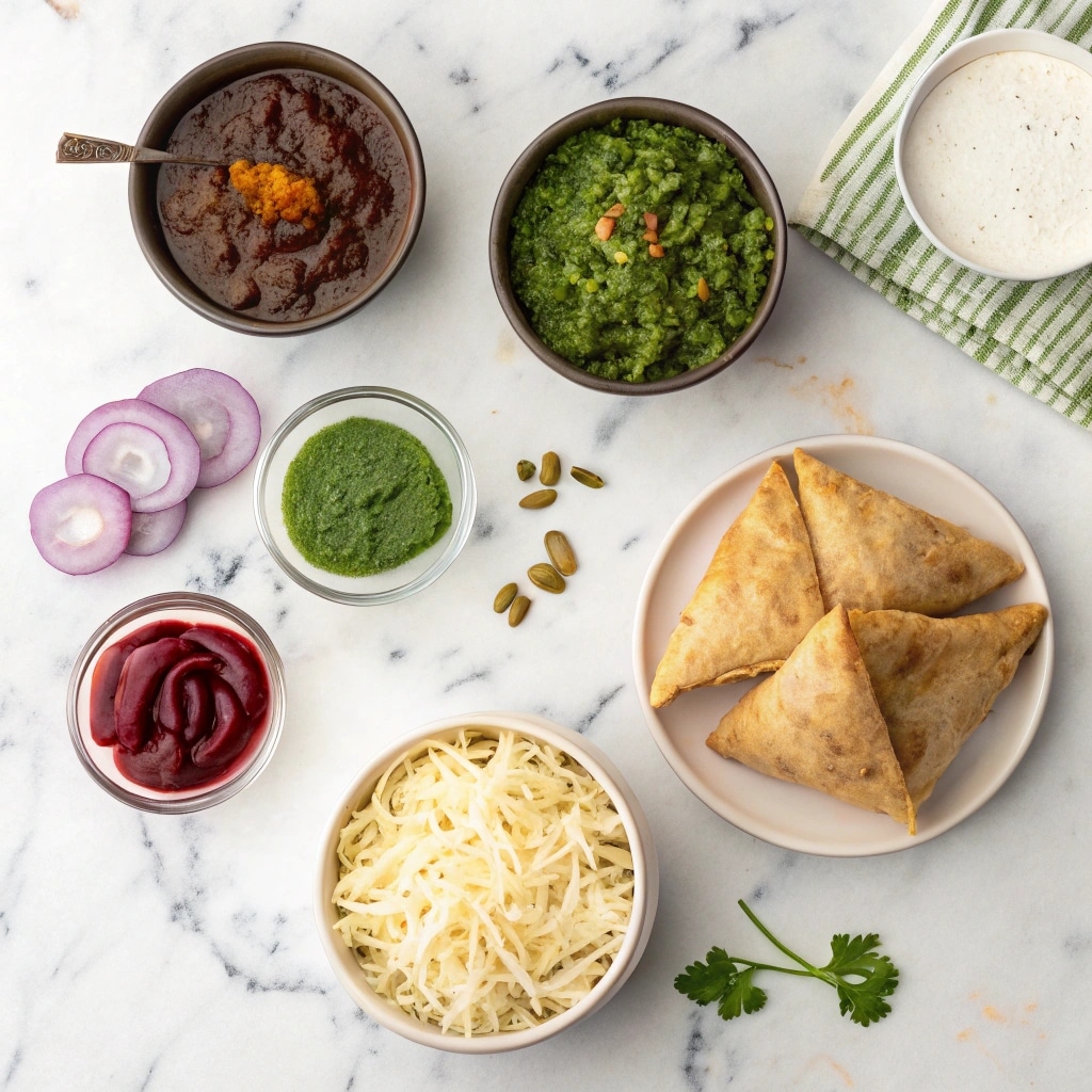 Ingredients for making Samosa Pizza Chaat at home
