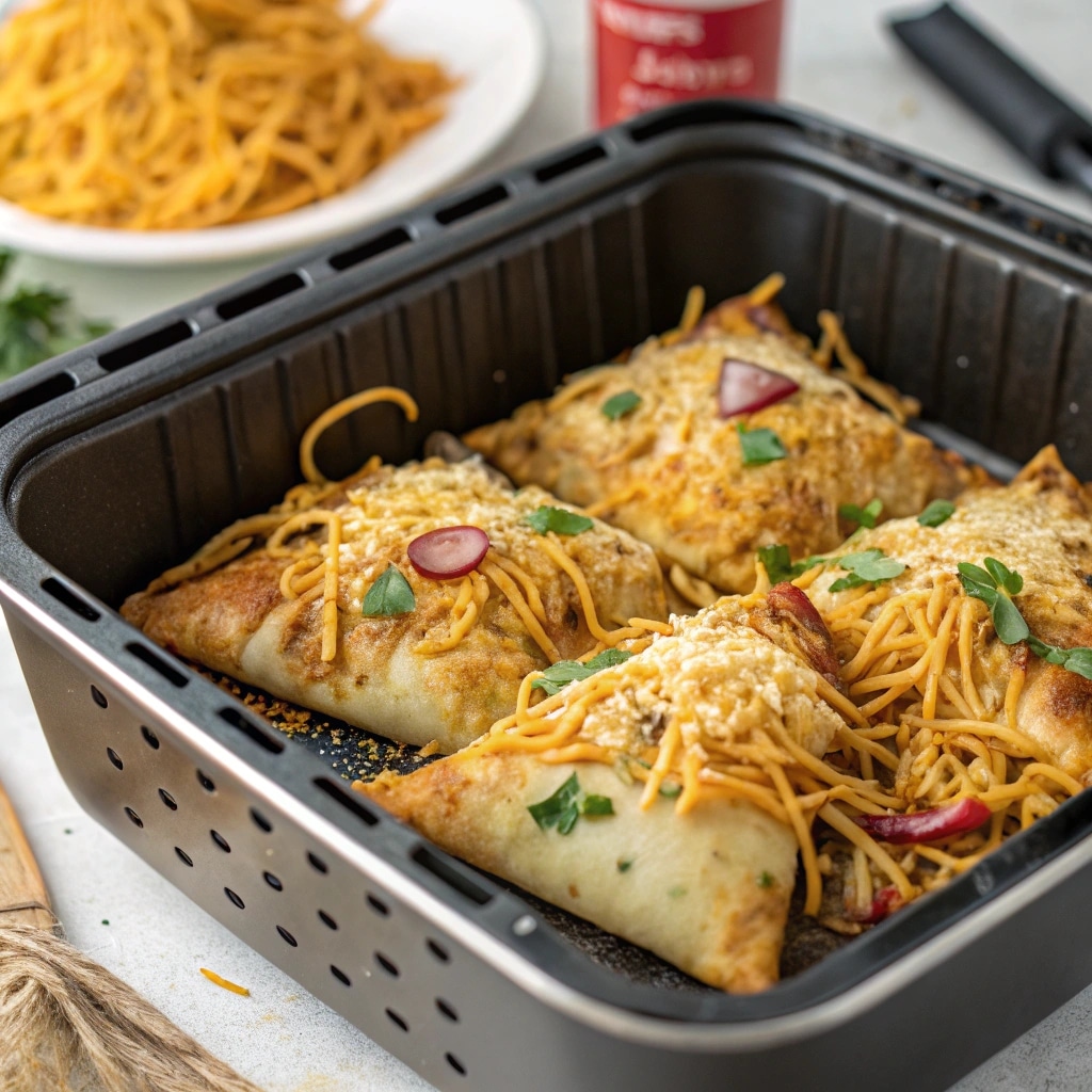 Naan-style Samosa Pizza Chaat baking in air fryer