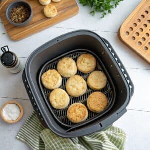 frozen biscuits arranged in air fryer basket