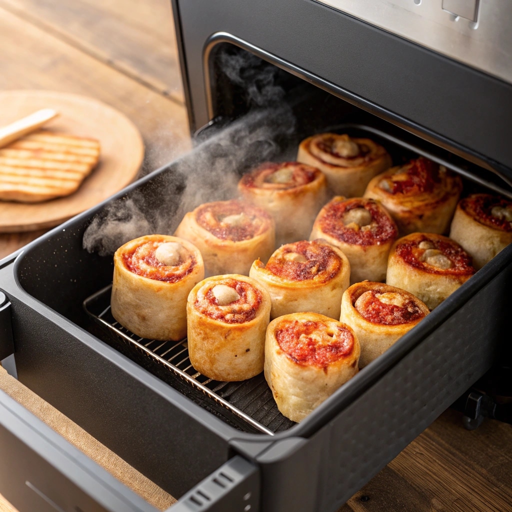 pizza rolls cooking in air fryer