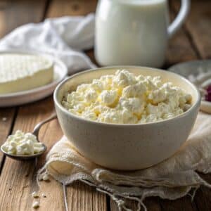 Fresh homemade cottage cheese in a bowl with cheesecloth