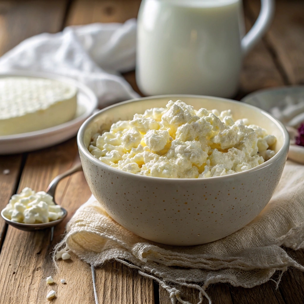 Fresh homemade cottage cheese in a bowl with cheesecloth