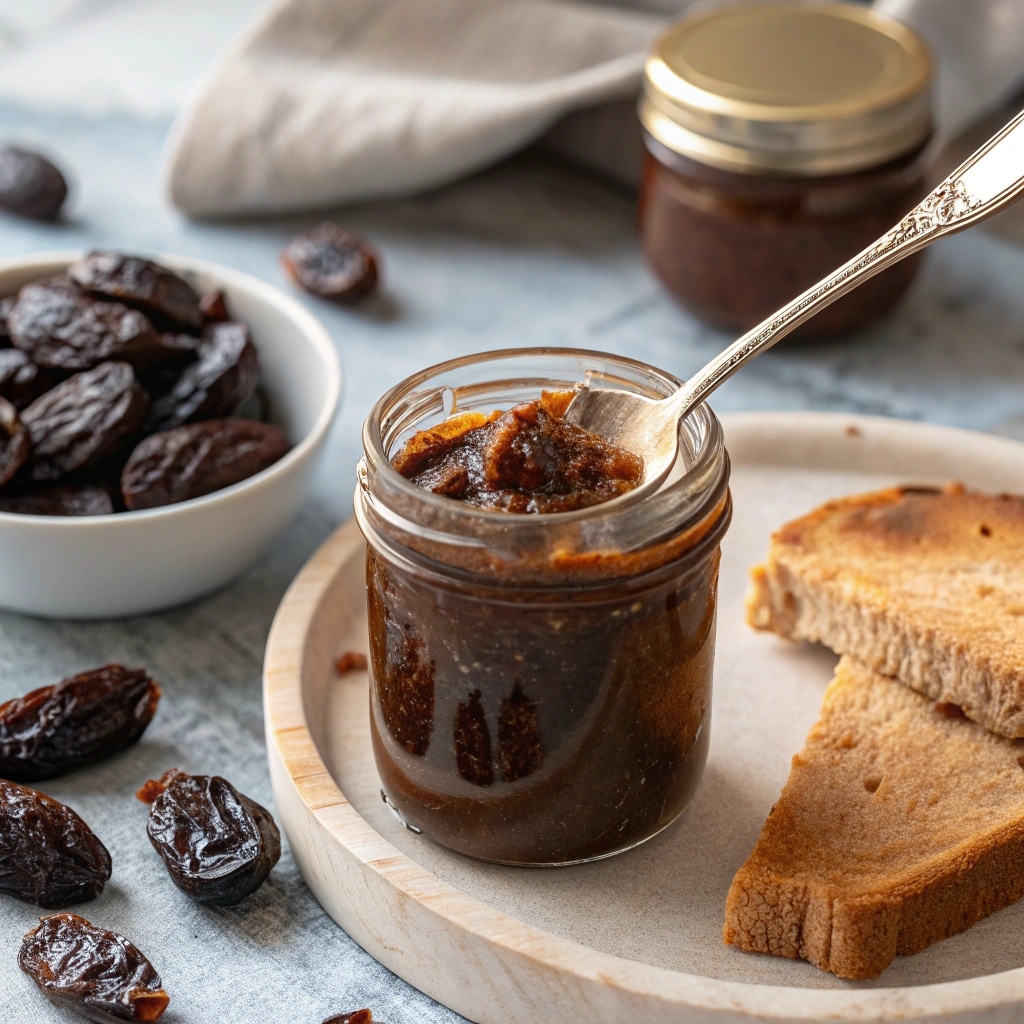 Spoonful of lekvar prune butter next to toast